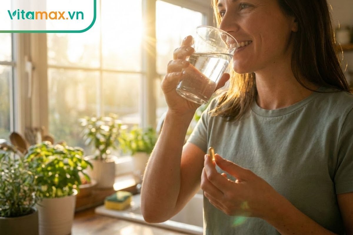 Một người phụ nữ khỏe mạnh đang uống viên đông trùng hạ thảo với ly nước ấm vào buổi sáng nhiều năng lượng.