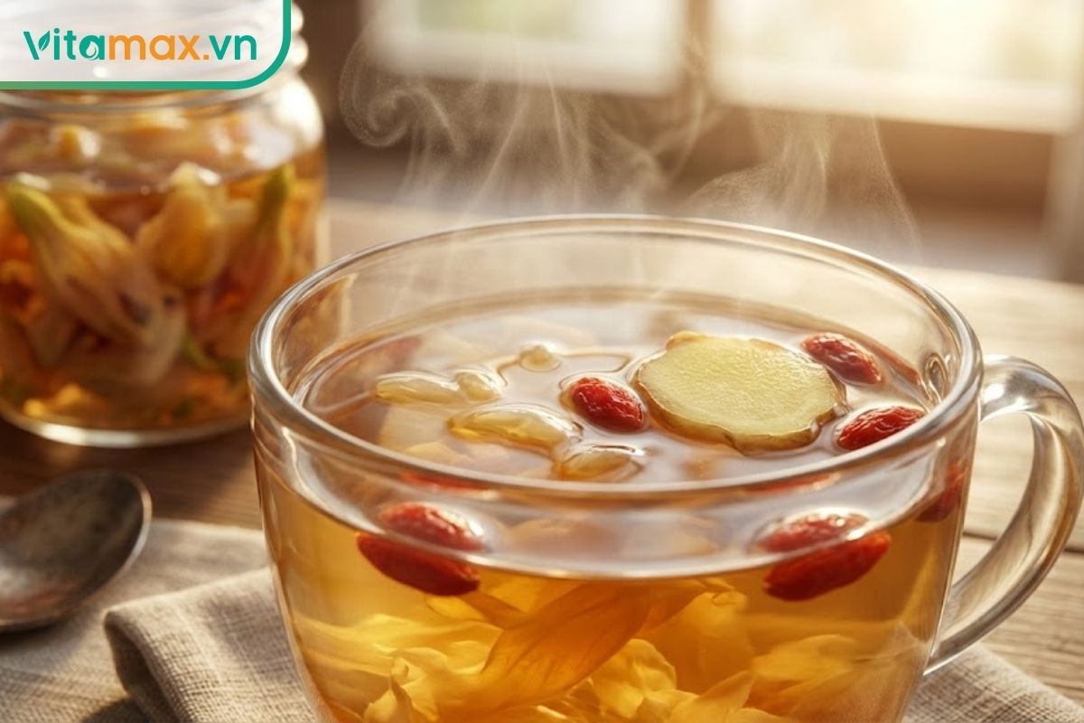 Một cốc nước ấm pha cốt hoa đu đủ ngâm mật ong bốc khói nhẹ, đặt cạnh hũ ngâm, gợi cảm giác thư giãn và trị ho.