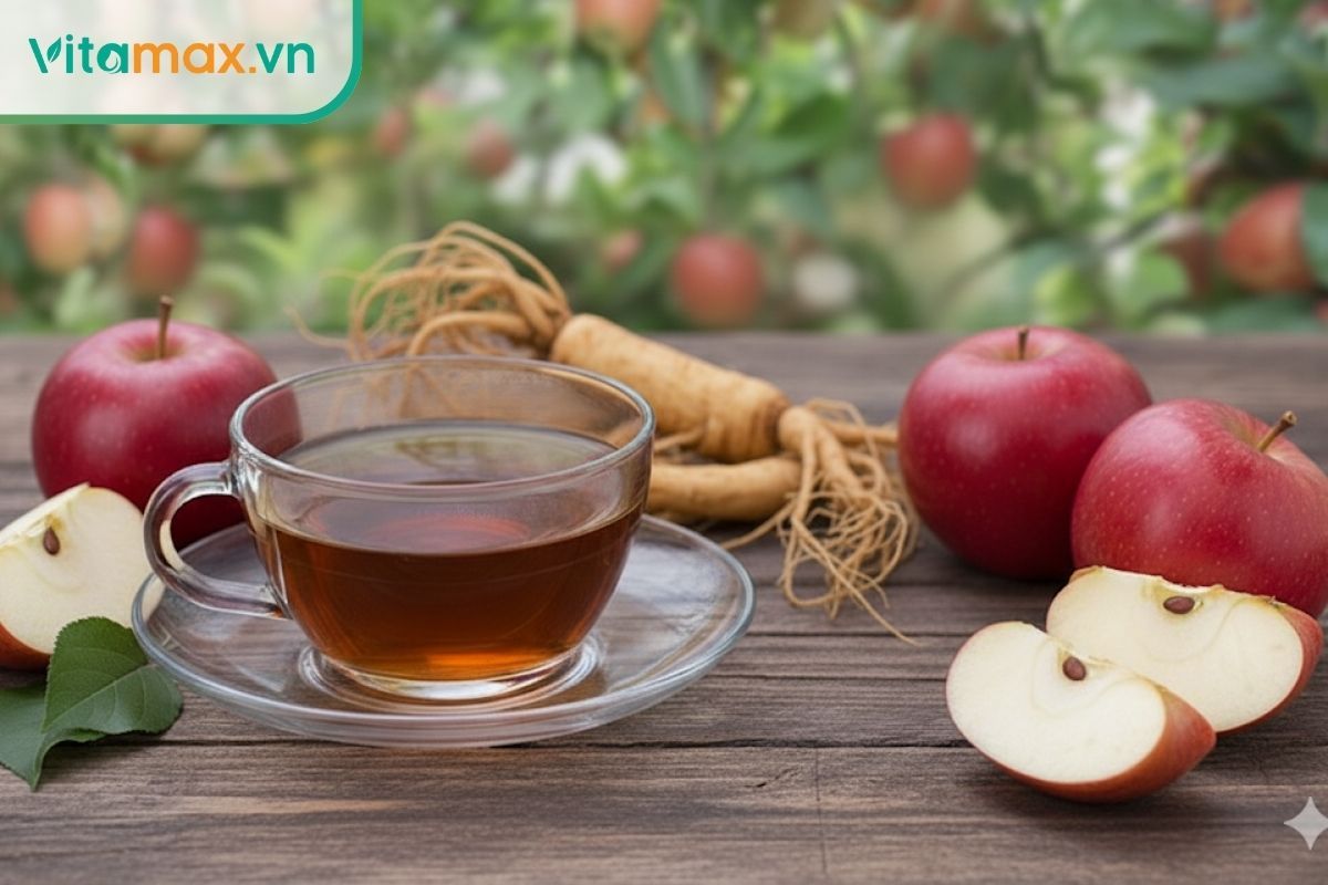 Pha nước hồng sâm với nước ép táo là cách uống sáng tạo, giúp bổ sung vitamin và dễ uống hơn cho người mới bắt đầu.