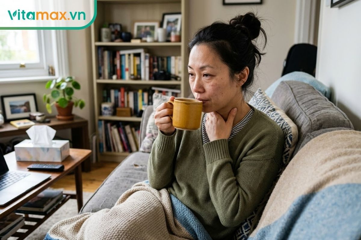 Người phụ nữ uống nước lá hẹ hấp mật ong ấm tại nhà để làm dịu cổ họng và giảm cảm giác khô rát.