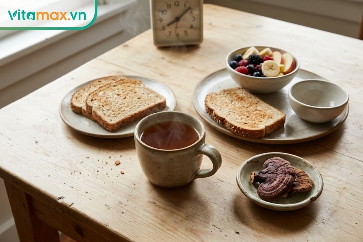 Tách nước linh chi đặt cạnh bữa sáng trên bàn gỗ, minh họa việc lựa chọn uống linh chi trước hoặc sau bữa ăn.