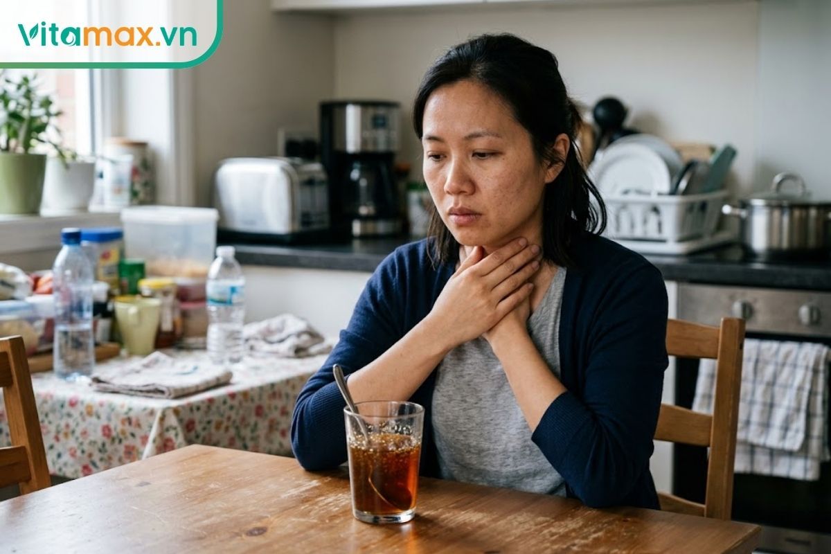 Một người phụ nữ ôm cổ họng khó chịu bên cạnh ly nước mật ong đặc quánh, thể hiện sự băn khoăn về việc uống mật ong bị nóng.