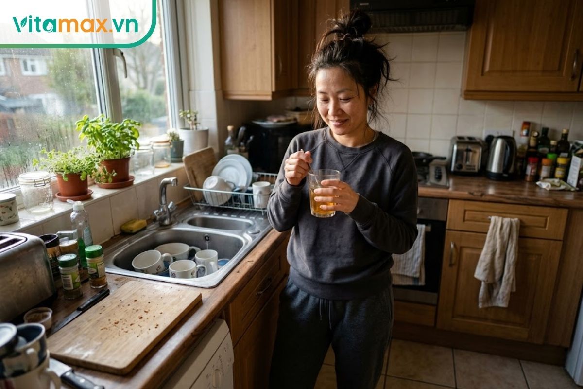 Hình ảnh đời thường một người đang cầm cốc nước ấm pha mật ong vào buổi sáng để hỗ trợ quá trình tiêu hóa tự nhiên.