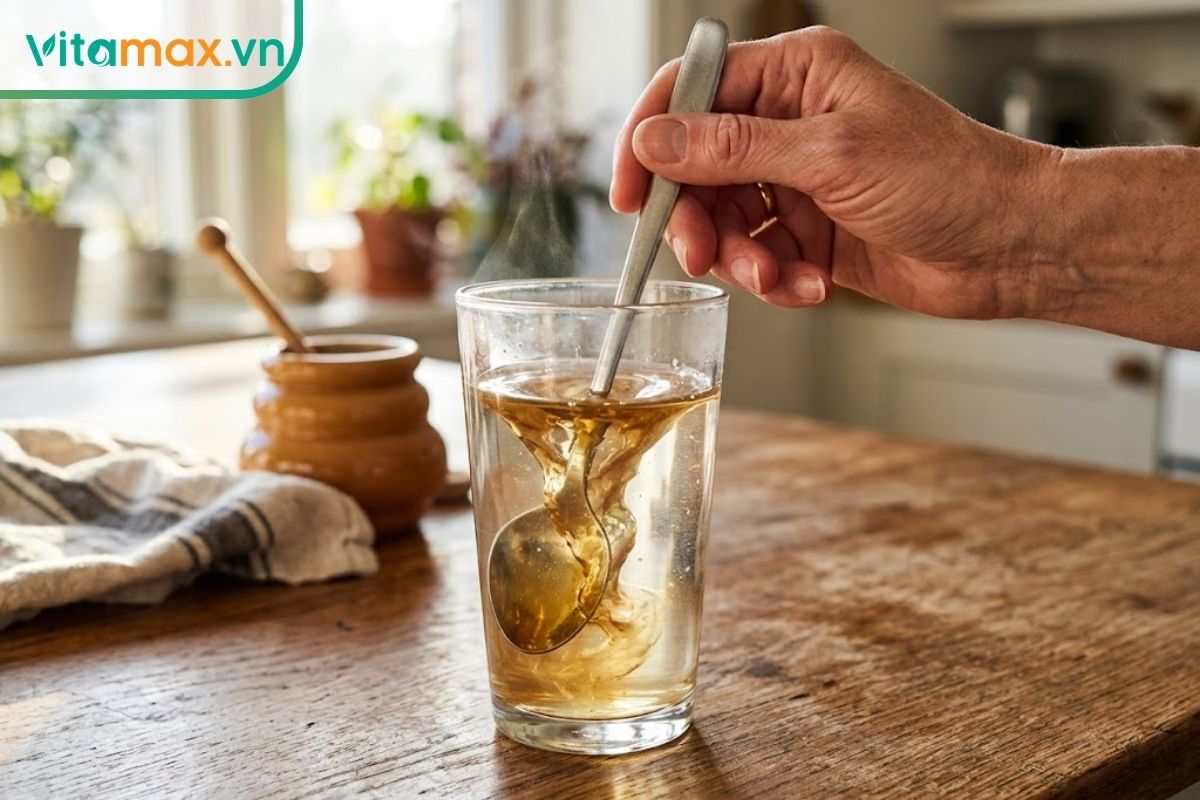 Một người đang dùng thìa khuấy tan phần mật ong dưới đáy một cốc nước ấm thủy tinh trong không gian bếp ngập nắng sáng.