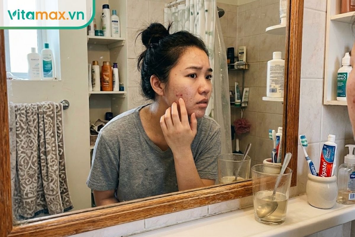 Một cô gái trẻ đang đứng trước gương phòng tắm, dùng tay kiểm tra một nốt mụn nhỏ trên má, cạnh bồn rửa mặt là ly nước mật ong.