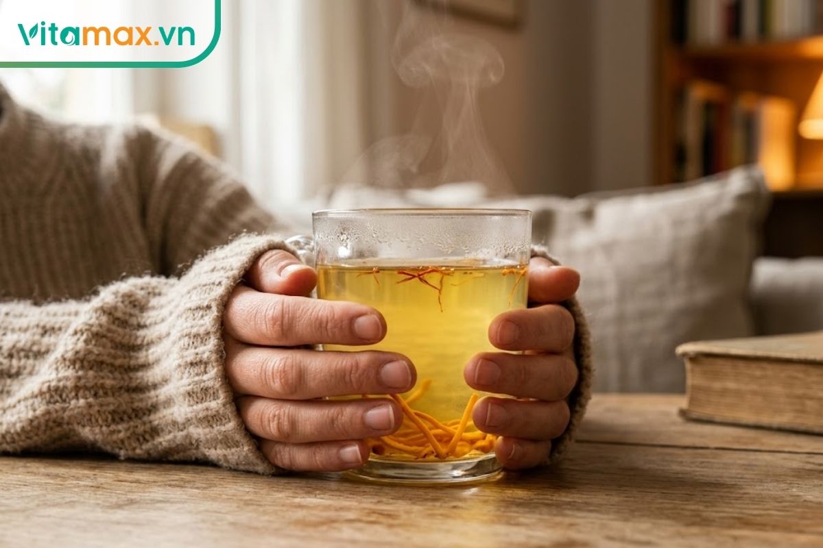 Hai bàn tay đang ôm một ly thủy tinh chứa nước pha mật ong saffron màu vàng nhạt ấm áp, bối cảnh thư giãn.