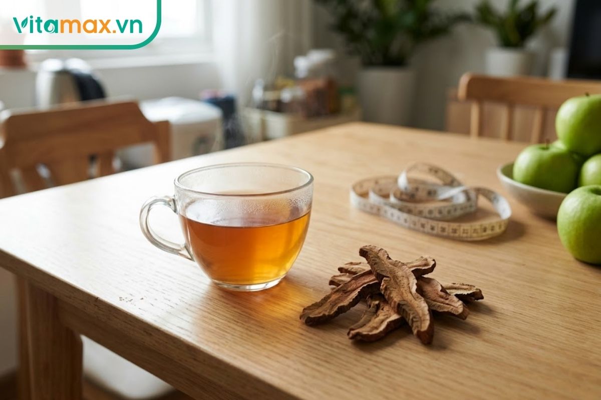 Tách trà thảo mộc ấm nóng đặt cạnh vài lát nấm khô và thước dây trên bàn gỗ, giải đáp việc uống nấm linh chi có giảm cân không.