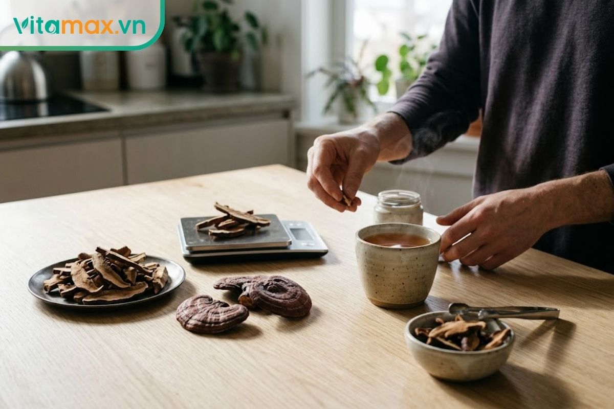 Nấm linh chi khô, tách nước màu hổ phách và dụng cụ định lượng trên bàn gỗ, gợi ý kiểm soát lượng dùng mỗi ngày.