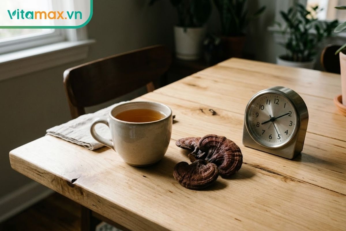 Tách nước linh chi, nấm linh chi khô và đồng hồ trên bàn gỗ gợi ý thời điểm uống nấm linh chi trong ngày.