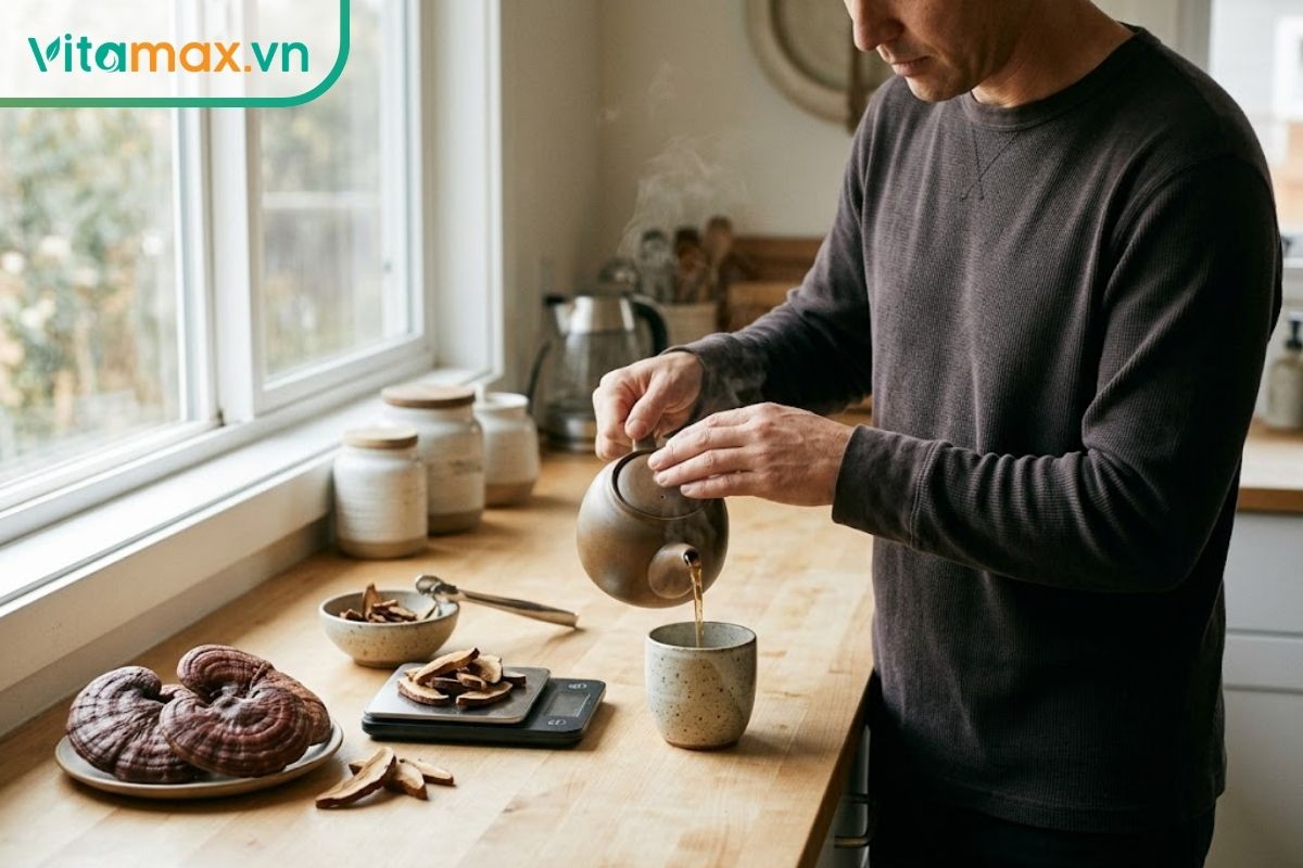 Người trưởng thành chuẩn bị nước linh chi vào buổi sáng bên cửa sổ với nấm khô và tách trà trên bàn bếp.