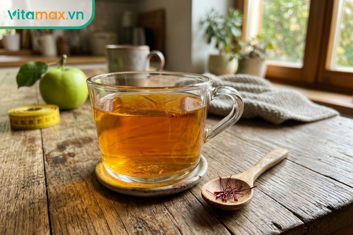 Một tách trà nhụy hoa nghệ tây màu vàng cam trong vắt đặt trên bàn gỗ mộc, cạnh đó là vài sợi saffron đỏ thẫm, bối cảnh ánh sáng tự nhiên buổi sáng.