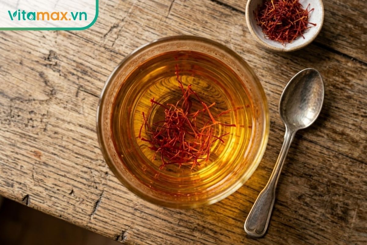 Tách trà saffron màu vàng óng đặt trên bàn gỗ, biểu tượng của sự thư giãn và sức khỏe.