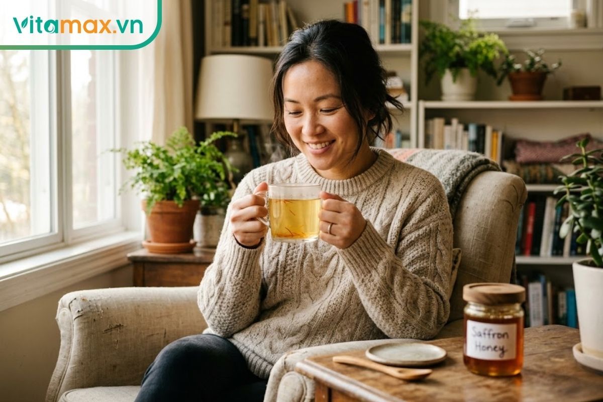 Người phụ nữ đang dùng hai tay ôm một ly nước ấm pha nhụy hoa nghệ tây ngâm mật ong để uống chăm sóc sức khỏe và làm đẹp vào buổi sáng.