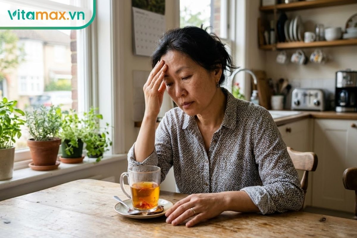 Một người phụ nữ đang xoa thái dương thể hiện sự đau đầu, chóng mặt sau khi uống nhụy hoa nghệ tây quá liều.