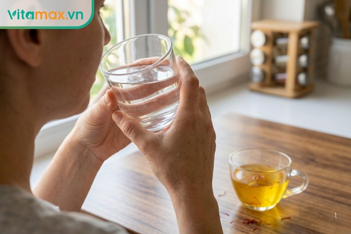 Một người phụ nữ đang cầm ly nước lọc trong suốt uống một ngụm, trên bàn cạnh đó là một ly trà saffron màu vàng nhạt đã uống vơi một nửa.
