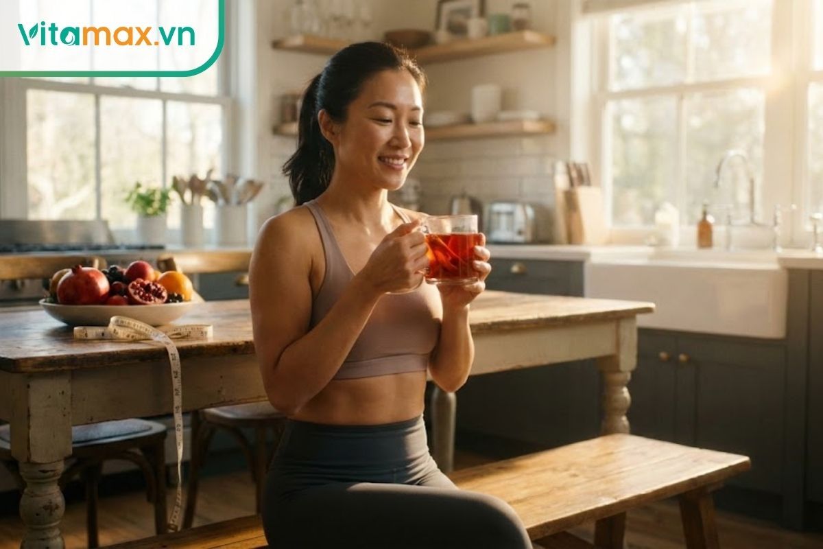 Người phụ nữ có vóc dáng cân đối đang uống ly nước hồng sâm không đường.