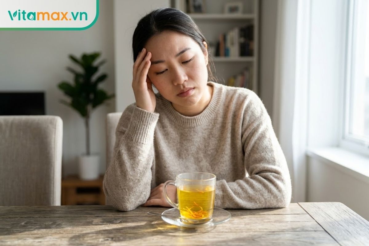 Một người phụ nữ đang ngồi tựa đầu vào tay trông có vẻ hơi mệt mỏi và chóng mặt nhẹ, trên bàn trước mặt là một ly trà saffron màu vàng ấm áp.