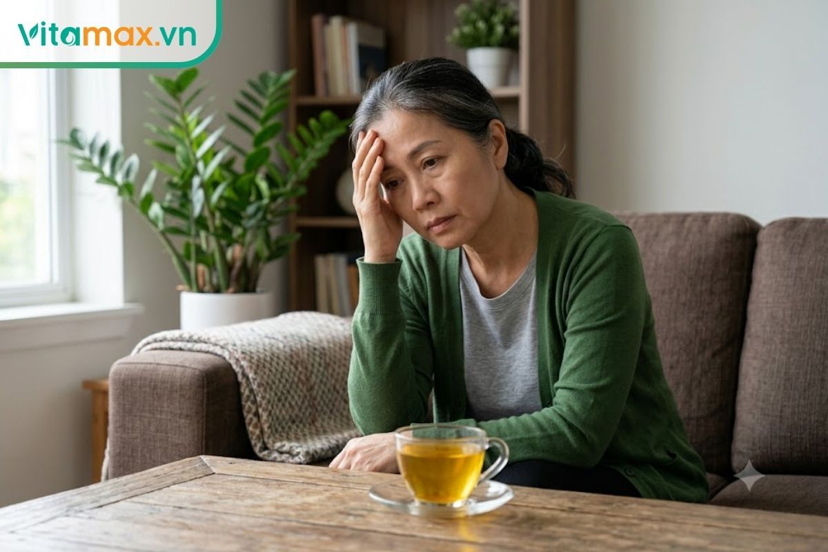 Một người phụ nữ ngồi trên ghế sofa ở nhà, dùng tay xoa thái dương với biểu cảm hơi mệt mỏi và chóng mặt, trên bàn phía trước là ly nước saffron đang uống dở.