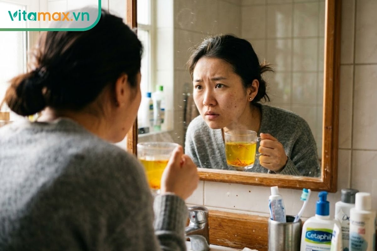 Một phụ nữ đang cầm cốc trà saffron màu vàng cam, nhìn vào gương kiểm tra làn da mặt với vẻ đăm chiêu trong bối cảnh phòng tắm sáng tự nhiên.