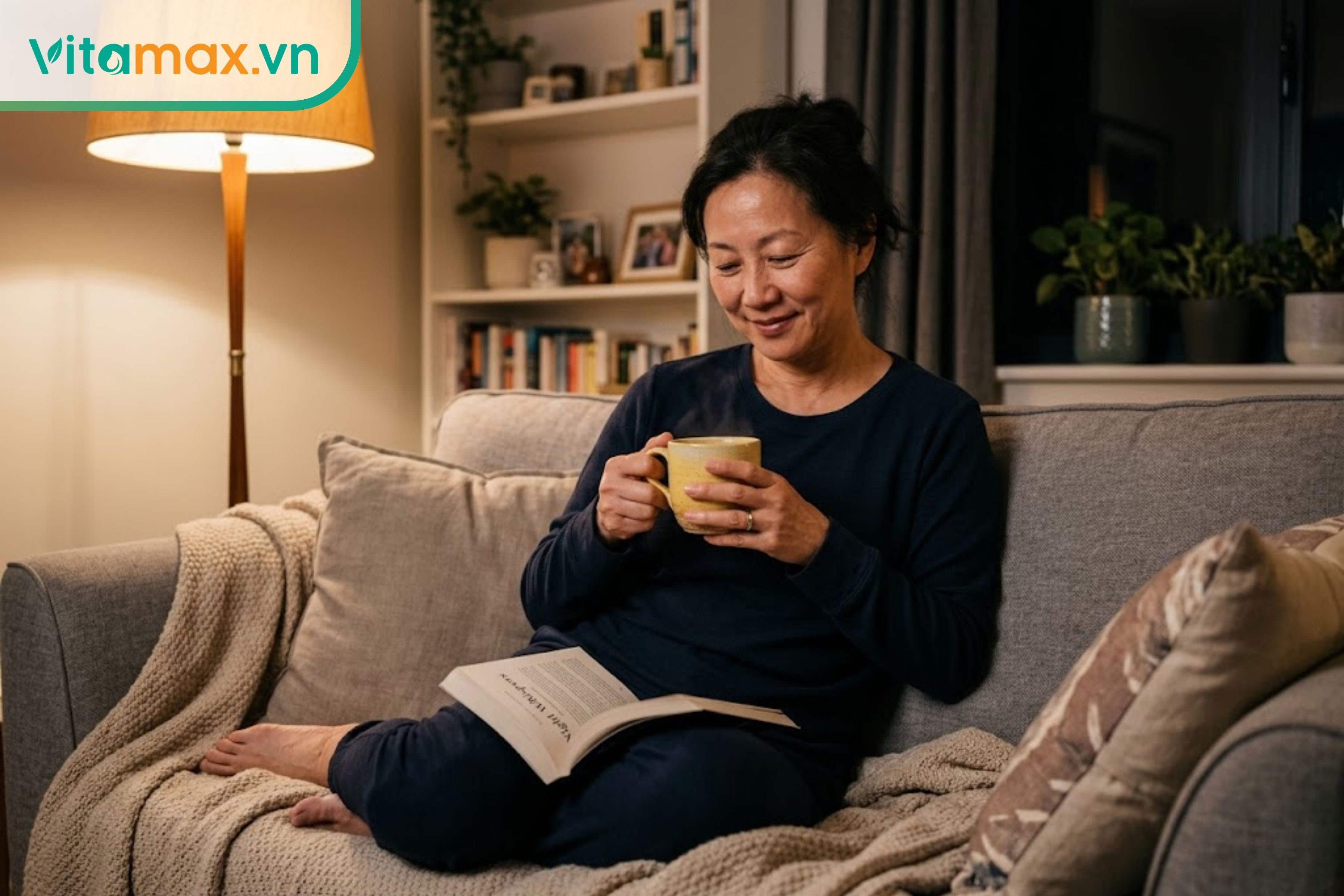 Người phụ nữ uống trà nhụy hoa nghệ tây ấm vào buổi tối để thư giãn và dễ ngủ.