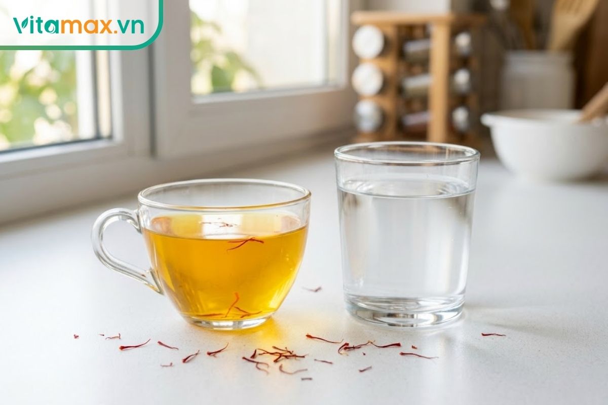 Một ly trà saffron màu vàng cam nhạt đặt cạnh một ly nước lọc trong suốt trên bàn bếp sáng màu, có vài sợi saffron đỏ bên cạnh.