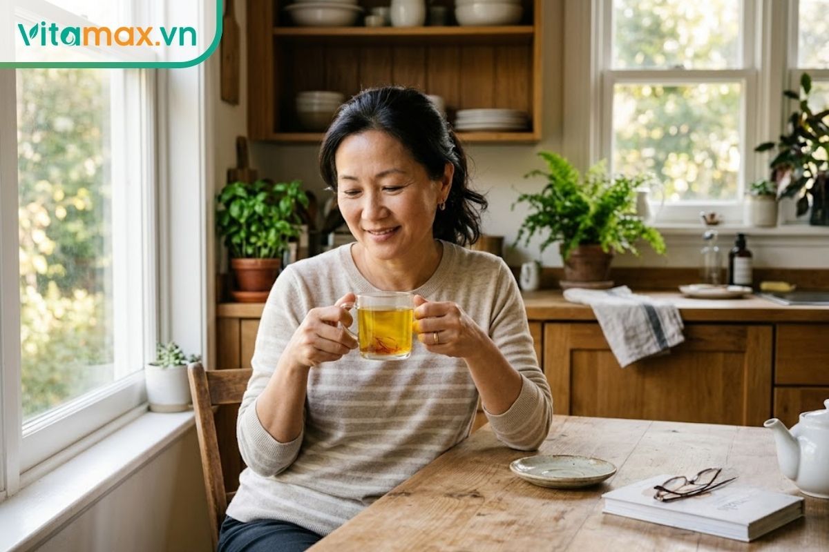 Người phụ nữ trung niên đang mỉm cười thư giãn, hai tay nâng ly trà saffron màu vàng cam ấm áp trong không gian bếp ngập ánh sáng tự nhiên buổi sáng.