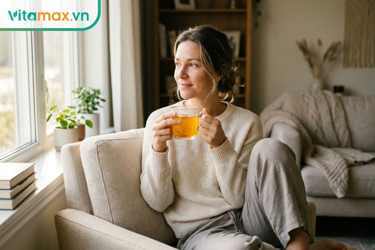 Một phụ nữ có vóc dáng cân đối, mặc đồ mặc nhà thoải mái đang mỉm cười nhẹ nhàng và cầm tách trà saffron màu vàng cam bên khung cửa sổ ngập nắng sáng.