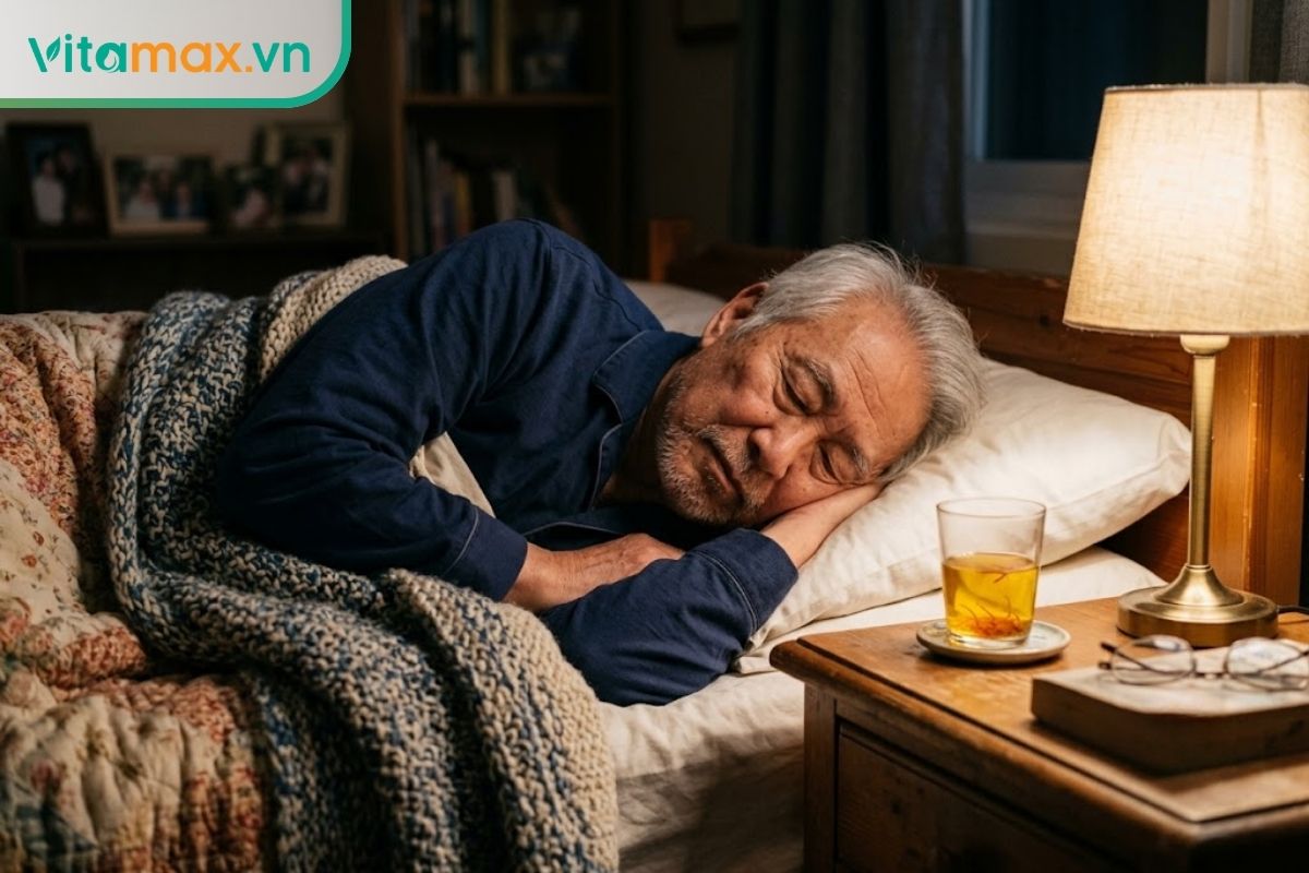 Một người lớn tuổi đang ngủ rất sâu và bình yên trên chiếc giường với chăn mền ấm áp, ánh sáng đèn ngủ mờ ảo dịu nhẹ.
