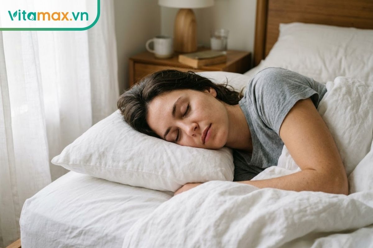 Một người đang ngủ say sưa, gương mặt thoải mái trên chiếc giường nệm trắng sạch sẽ, ánh sáng ban mai nhẹ nhàng chiếu vào phòng, biểu thị giấc ngủ chất lượng.