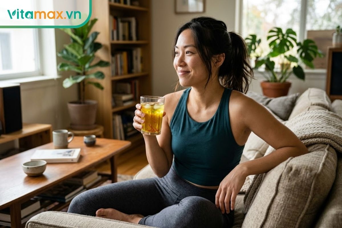 Phụ nữ mặc đồ tập thể thao đang ngồi thư giãn uống nước saffron, hỗ trợ giảm stress và kiểm soát mỡ bụng.