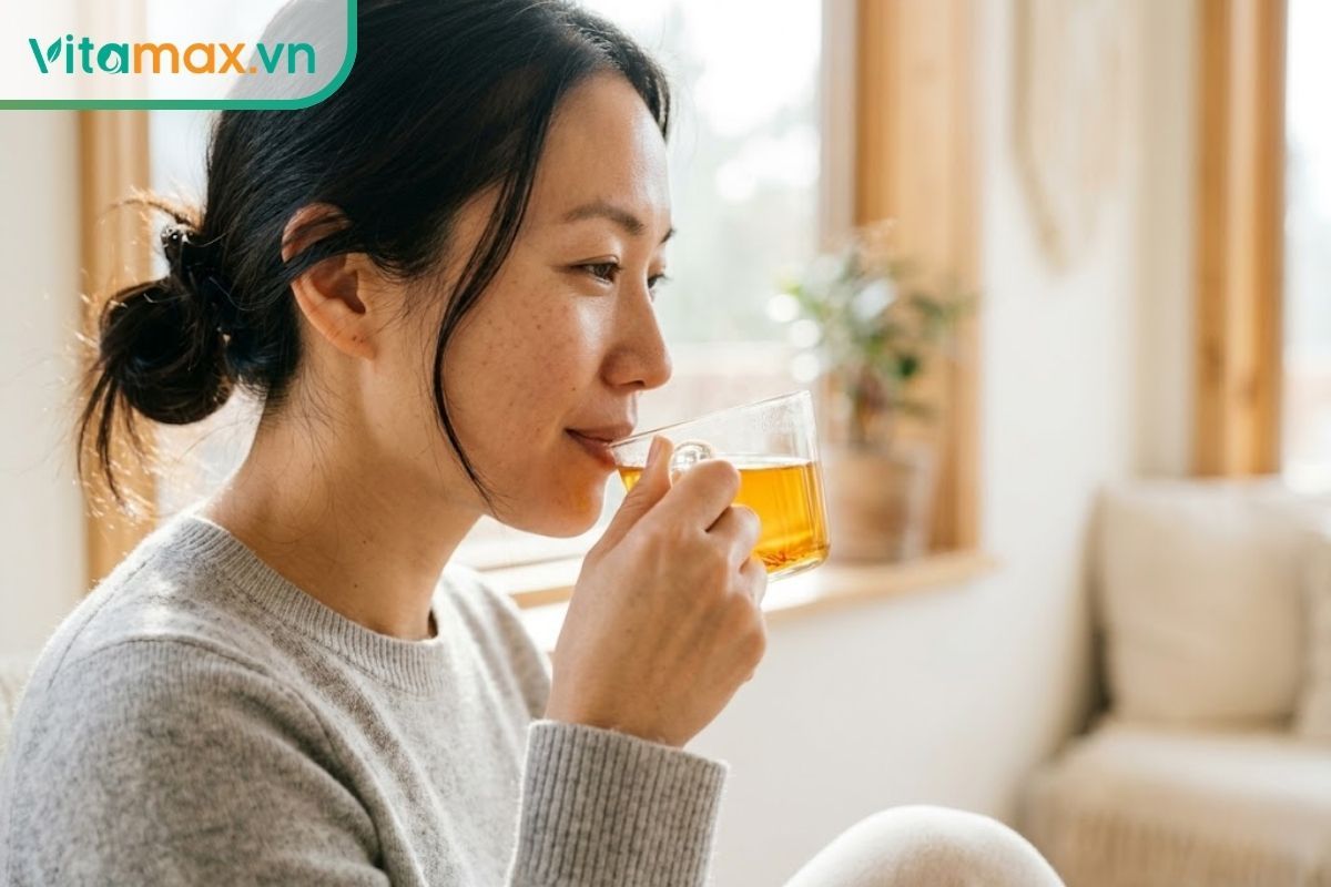 Chân dung góc nghiêng một người phụ nữ ngoài 30 tuổi có làn da sáng khỏe tự nhiên đang thư giãn uống ly trà saffron màu vàng cam trong ánh nắng ban mai.