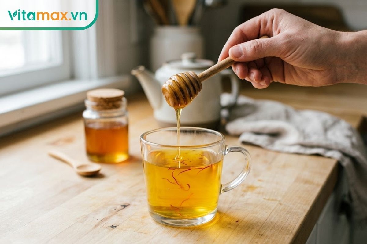 Bàn tay đang dùng muỗng gỗ khuấy mật ong đặc quánh vào một cốc trà saffron màu vàng óng, đặt trên mặt bàn bếp bên cạnh một hũ mật ong nhỏ.
