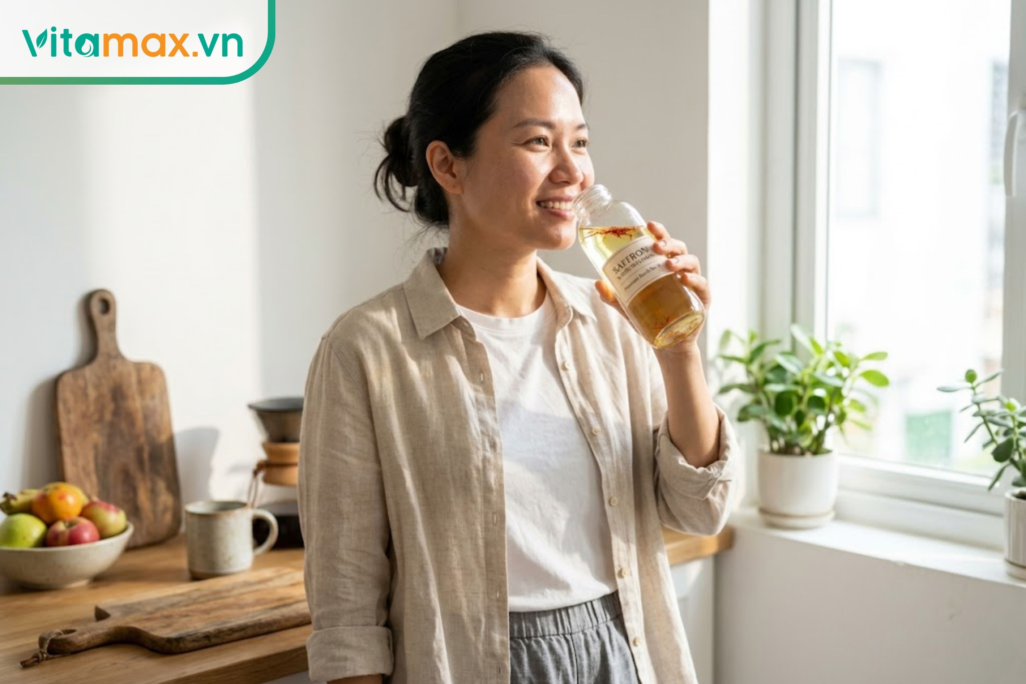 Phụ nữ uống nước ngâm saffron mỗi buổi sáng để duy trì làn da sáng khỏe rạng rỡ.