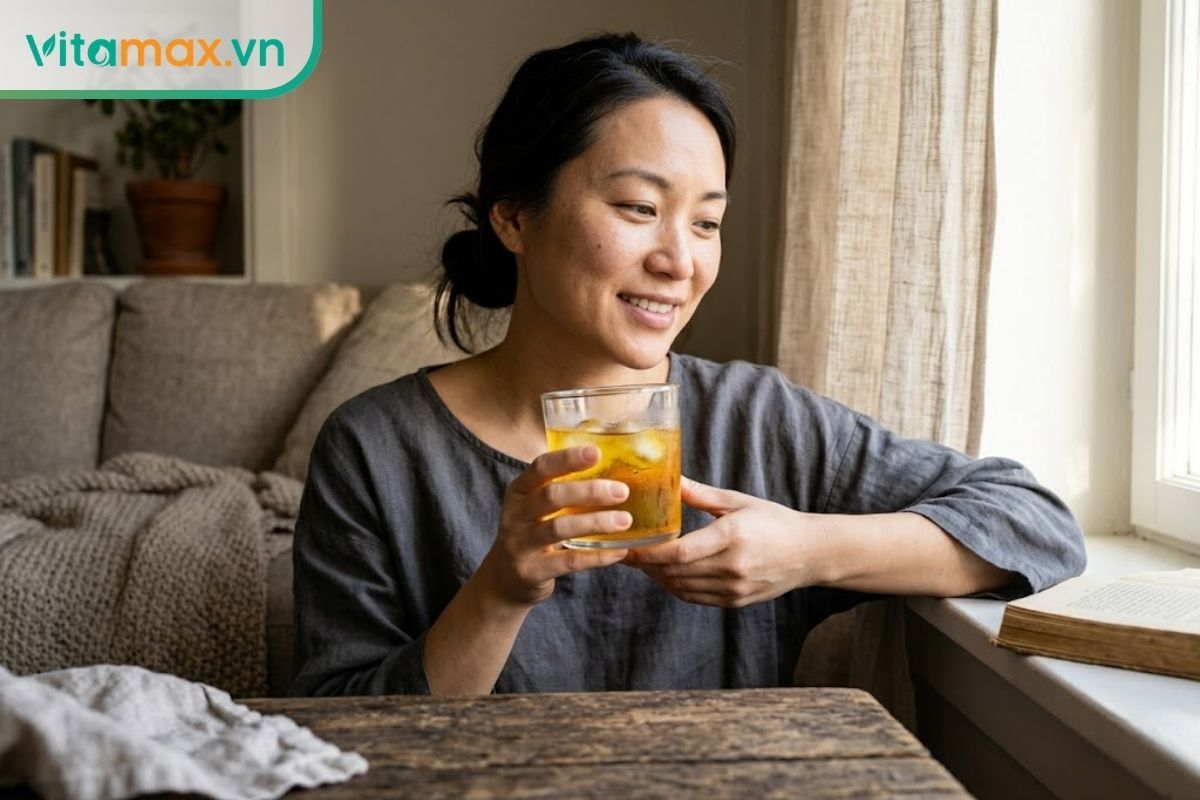 Một người phụ nữ ngoài 30 tuổi với nét mặt thư giãn đang ngồi cạnh cửa sổ đầy nắng, trên tay cầm một ly nước saffron đá lạnh trong trẻo màu vàng cam.