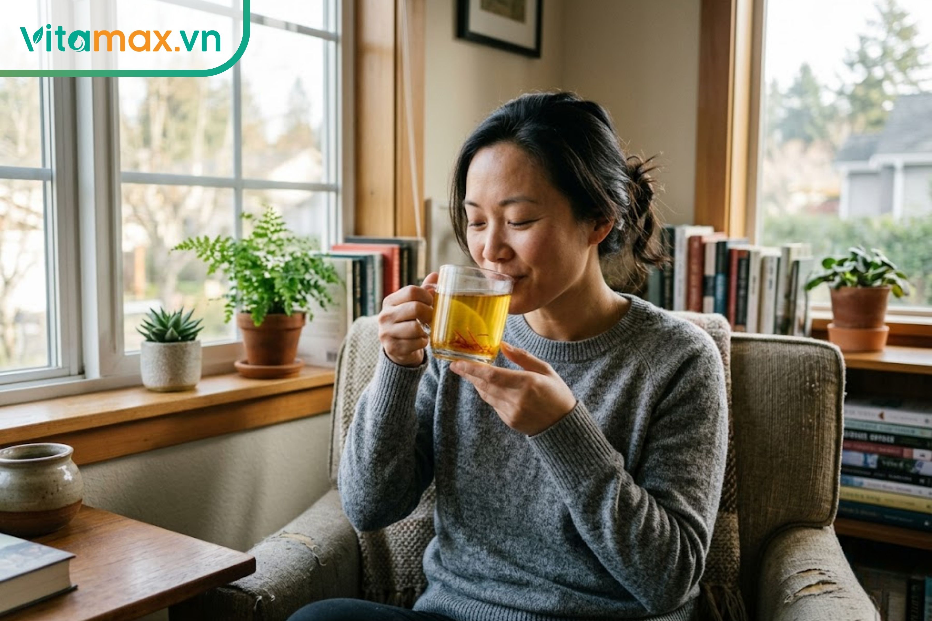 Phụ nữ uống một ly trà saffron ấm vào buổi sáng để nạp năng lượng, tăng sự tập trung và giúp tinh thần tỉnh táo.