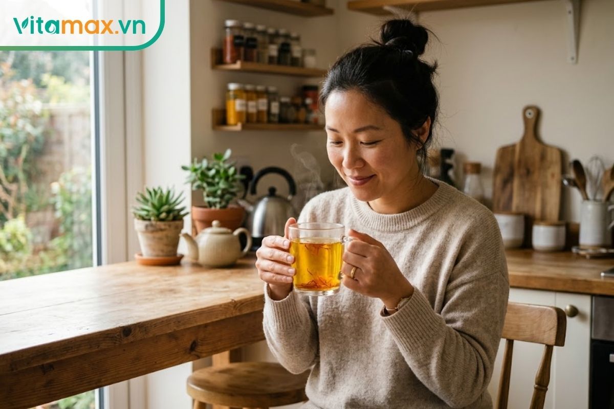 Một người phụ nữ đang cầm cốc thủy tinh chứa nước saffron màu vàng cam ấm áp bằng hai tay trong bối cảnh bếp gia đình ngập ánh sáng tự nhiên.