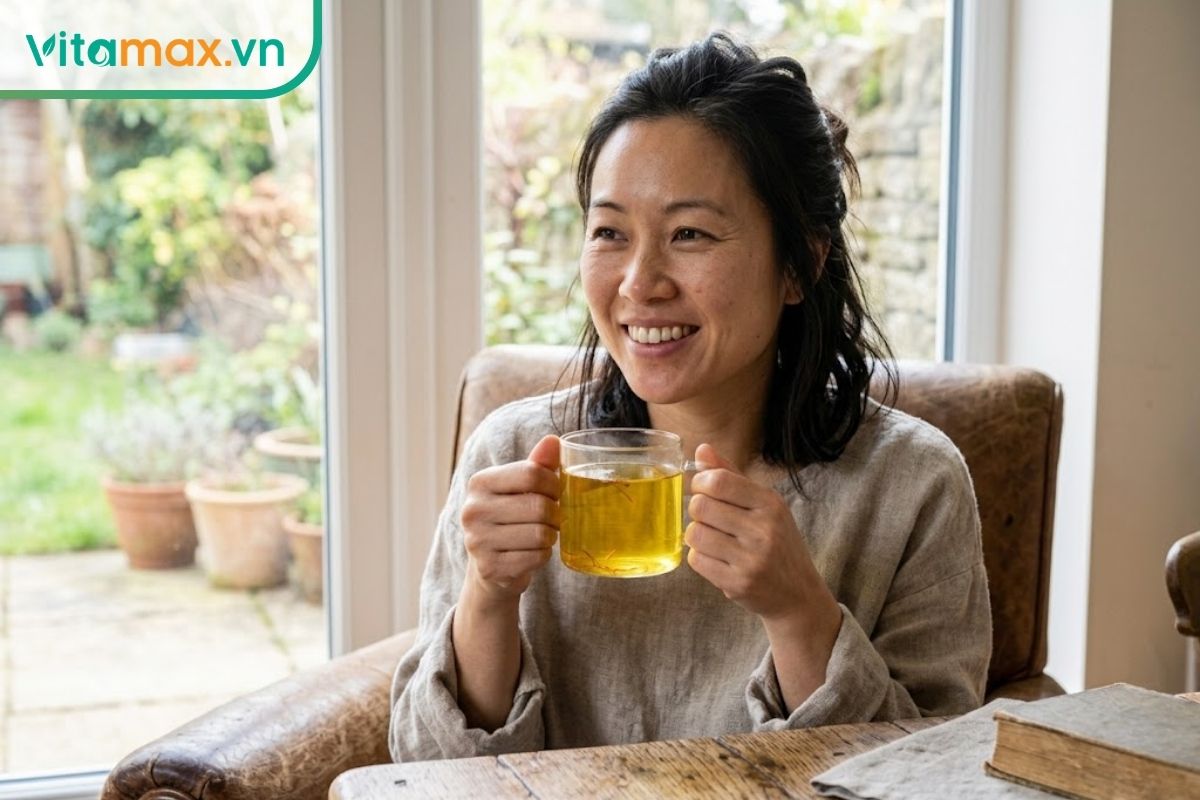 Một người phụ nữ trẻ đang ngồi thư giãn ở phòng khách, tay cầm ly trà saffron ấm, nở nụ cười tươi tắn với hàm răng trắng sáng tự nhiên.