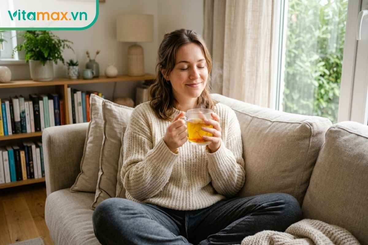 Người phụ nữ trẻ mặc đồ mặc nhà đang ngồi thư giãn trên sofa, hai tay cầm cốc thủy tinh chứa nước saffron màu vàng ấm, nét mặt thoải mái.