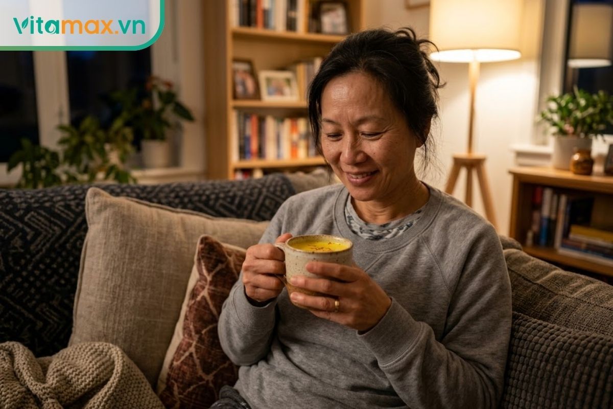 Một người phụ nữ đang ngồi thư giãn trên ghế sofa và cầm ly sữa nhụy hoa nghệ tây ấm trước khi đi ngủ.
