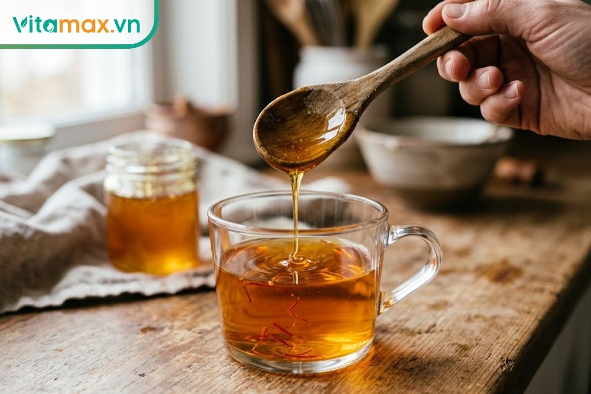 Một chiếc thìa gỗ đang nhỏ những giọt mật ong vàng óng vào ly nước nhụy hoa nghệ tây màu hổ phách, đặt trong bối cảnh bếp nhà.