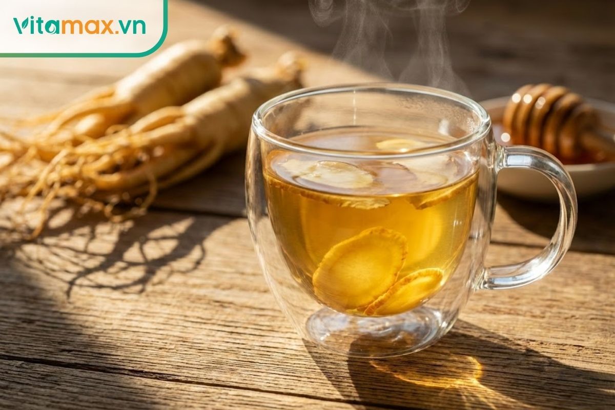 Ly trà sâm ngâm mật ong ấm nóng đặt trên bàn gỗ dưới ánh nắng buổi sáng sớm.