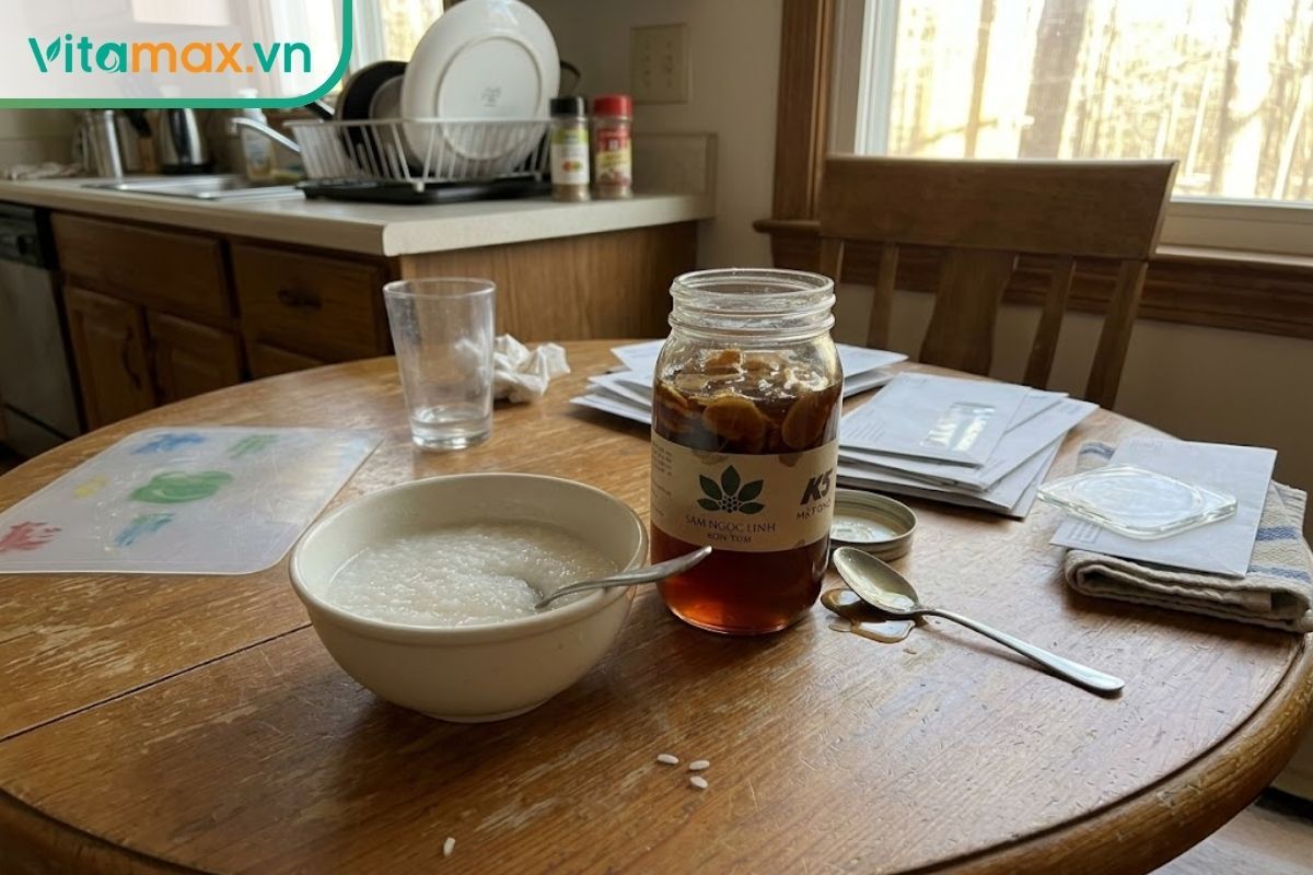 Một lọ sâm Ngọc Linh ngâm mật ong đặt cạnh một bát cháo trắng nóng hổi trên bàn ăn gỗ bối cảnh đời thường.