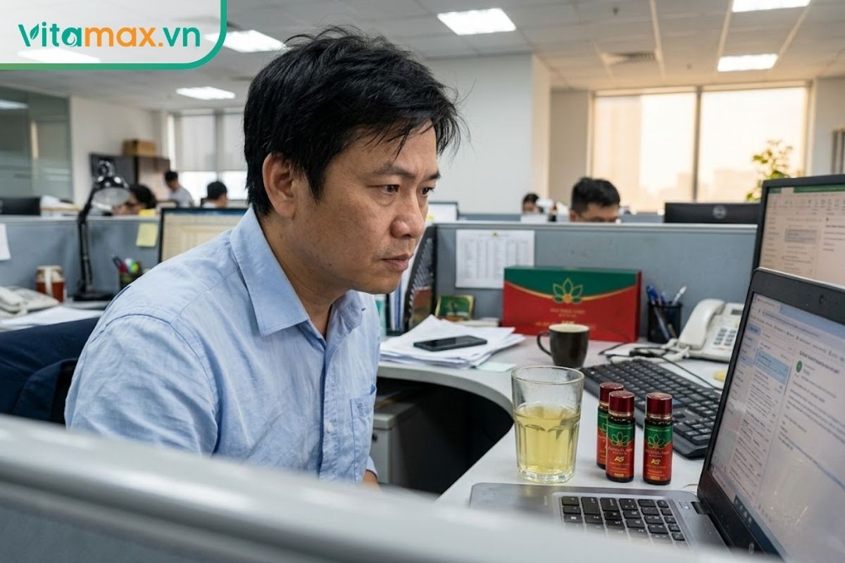 Nam nhân viên văn phòng đang tập trung làm việc trước màn hình laptop, bên cạnh là một ly nước sâm Ngọc Linh.