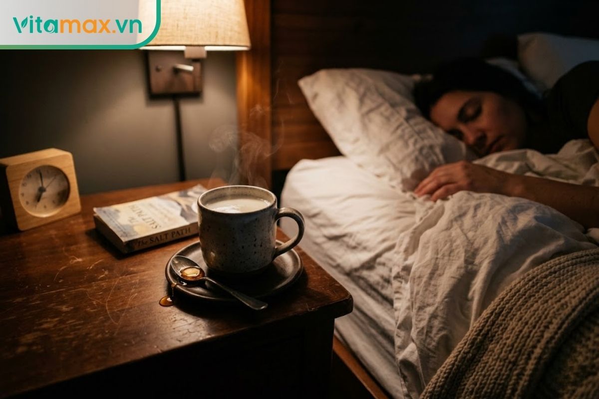 Một cốc sữa nóng đang bốc khói nhẹ đặt trên bàn gỗ cạnh giường ngủ vào buổi tối, bên cạnh là một chiếc thìa dính chút mật ong.
