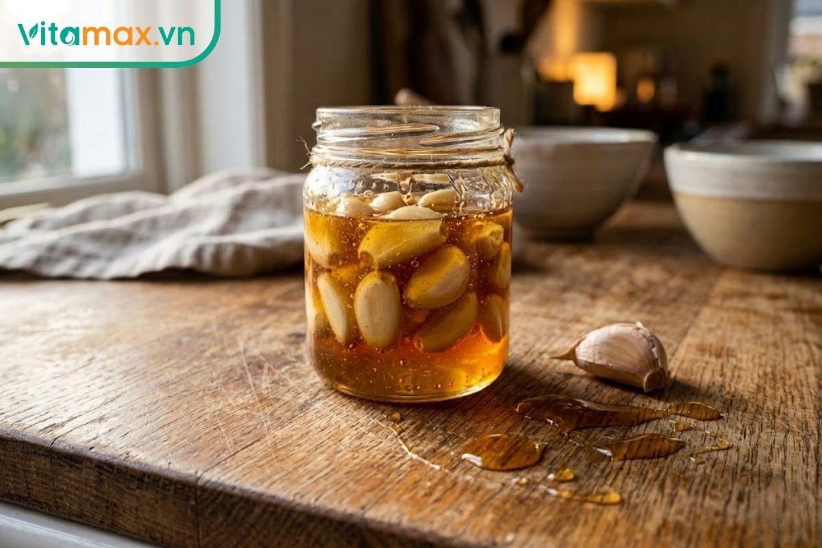 Hũ tỏi ngâm mật ong tự làm đặt trên bàn bếp, một giải pháp tự nhiên phổ biến khi tìm hiểu uống tỏi ngâm mật ong trước khi đi ngủ có tốt không.