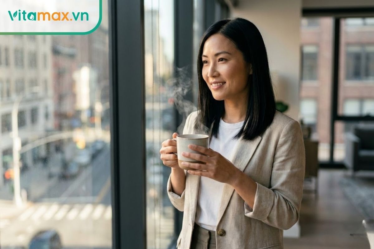 Người phụ nữ Việt Nam trẻ trung uống trà hồng sâm vào buổi sáng tại văn phòng.