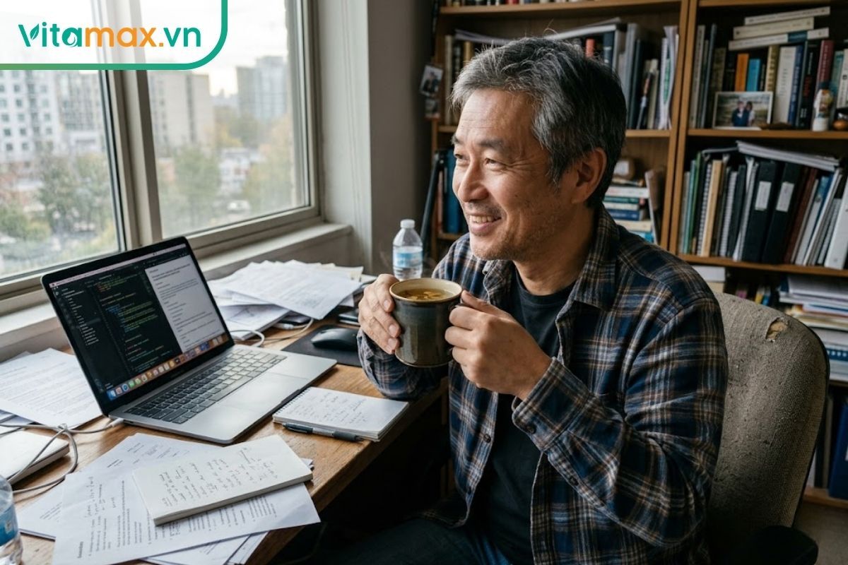 Người đàn ông trung niên đang ngồi nghỉ ngơi uống một tách trà lá sâm Ngọc Linh ấm tại bàn làm việc để giảm bớt căng thẳng.