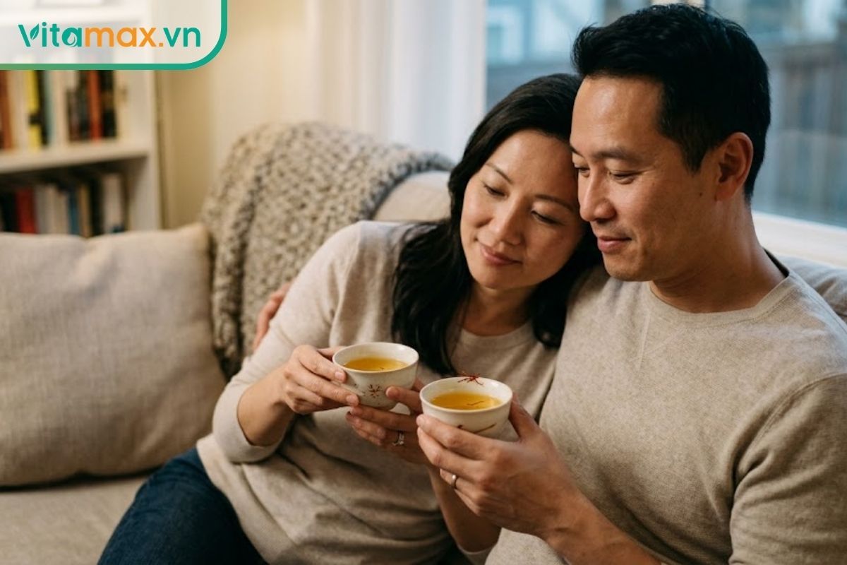 Một cặp đôi trung niên ngồi thư giãn trên ghế sofa, cùng nhau thưởng thức tách trà nhụy hoa nghệ tây ấm áp vào buổi xế chiều.