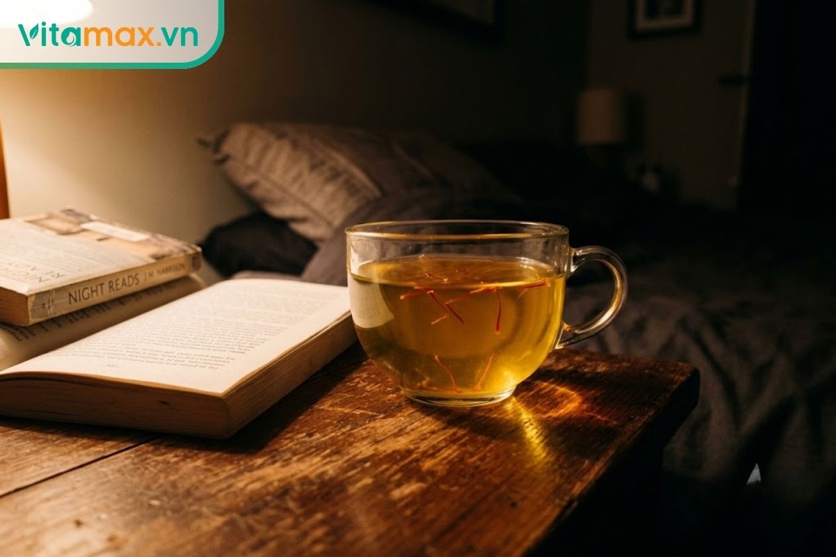 Một tách trà thủy tinh chứa nước màu vàng trong vắt của saffron, đặt trên tủ đầu giường cạnh một cuốn sách mở, dưới ánh đèn ngủ màu vàng ấm áp.