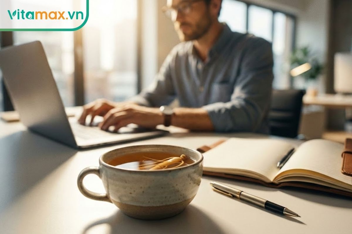 Một cốc trà sâm đặt trên bàn làm việc hiện đại, giúp nhân viên văn phòng duy trì sự tỉnh táo và tập trung.
